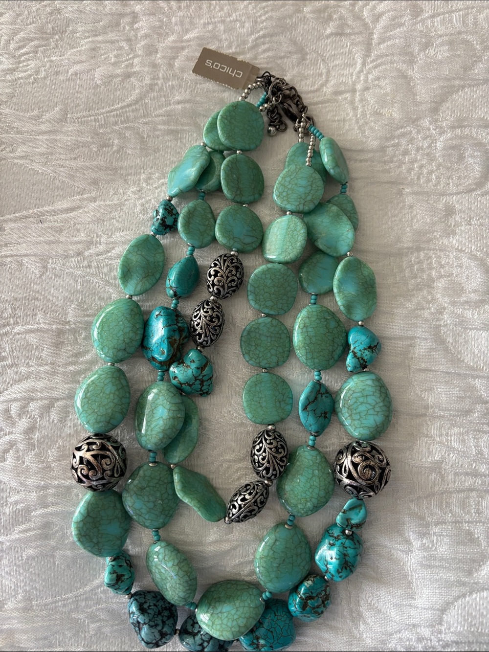 Chico's Turquoise Beaded Multi-Strand Necklace with Silver Accents